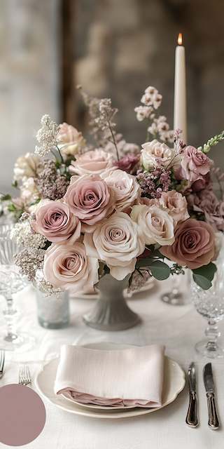 Soft blush and dusty rose wedding centerpiece with lush garden roses, lilac sprigs, and eucalyptus in a vintage pedestal vase, styled with crystal glassware and a taper candle for elegant romantic table decor.