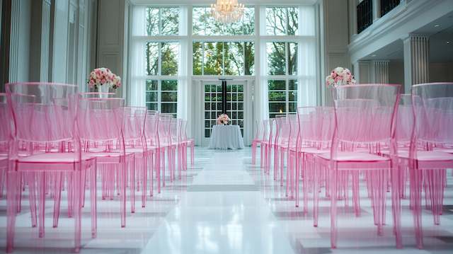 Acrylic Chairs Spacious venue with rows of pink acrylic chairs facing a table adorned with flowers, under a chandelier, with a garden view.