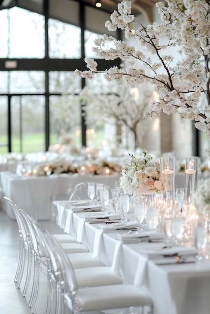 All-White Décor Theme Long tables with white linens, adorned with cherry blossom branches and candles, set in a bright room with large windows.