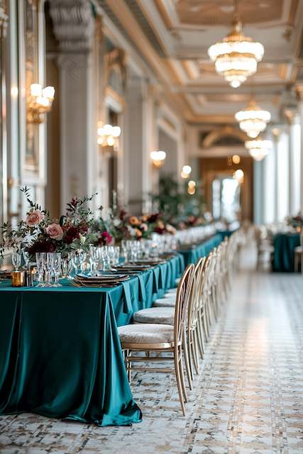 Art Deco-Inspired Decor Elegant dining hall with teal tablecloths and ornate chairs, adorned with lush floral centerpieces and illuminated by chandeliers.
