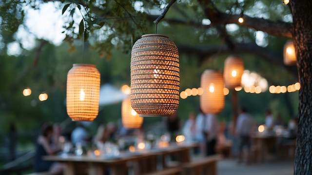 Bamboo Lanterns Bamboo lanterns hanging from tree branches glowing warmly above outdoor wedding tables, creating a soft, rustic ambiance at dusk.