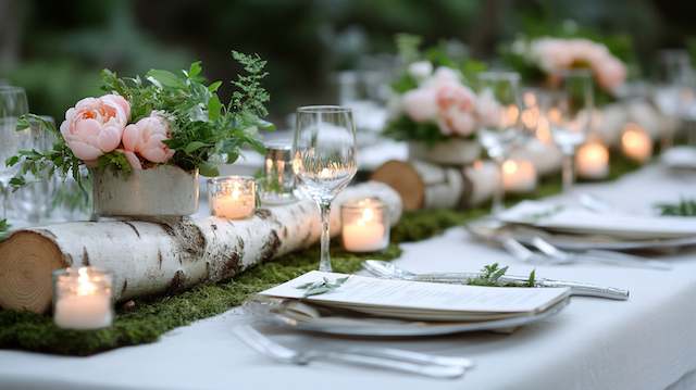 Birch Logs with Tea Lights Birch log wedding centerpiece with pink peonies, greenery, and glowing tea lights arranged on moss for a soft, natural rustic tablescape.