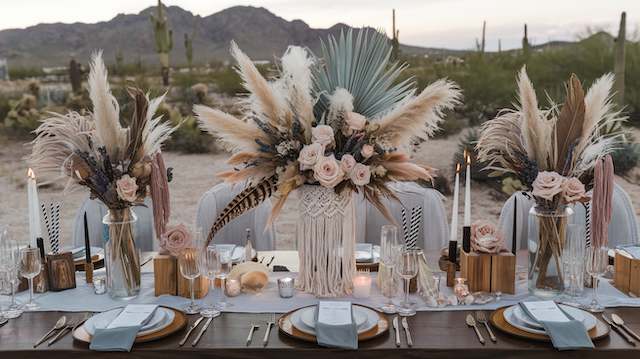 Boho wedding tablescape with pampas grass, roses, dried florals, and feathers arranged in macrame vases against a desert backdrop. Boho Florals and Feathers