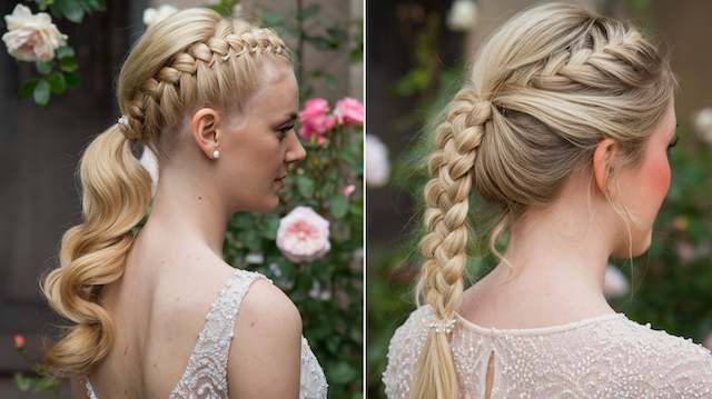 Braided Ponytail Bridesmaid with a sleek braided ponytail featuring a wide Dutch braid along the crown, shown from side and back with soft blonde waves.