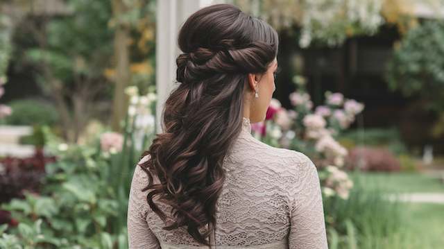Bridesmaid Hairstyles Half Up Half Down Brunette bridesmaid wearing a classic half-up hairstyle with twisted sections and soft cascading waves, shown from behind in a garden setting.