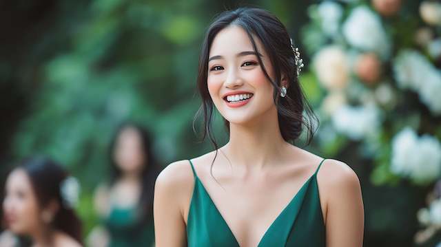 45 Stunning Bridesmaid Hairstyles for Every Dress Design 16 Smiling bridesmaid in a green dress with a soft updo and loose tendrils, standing outdoors with blurred greenery in the background