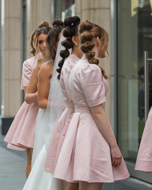 Bubble Ponytail for Trendy Vibes Bridesmaids in blush dresses wearing bubble ponytails with defined sections, standing beside the bride with her veil in an urban outdoor setting.