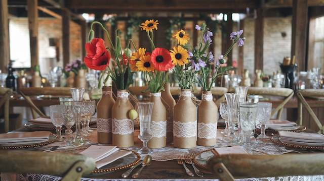 Burlap and Lace Wraps Rustic wedding table with bottles wrapped in burlap and lace holding bright wildflowers, surrounded by glassware on a wooden farmhouse table.