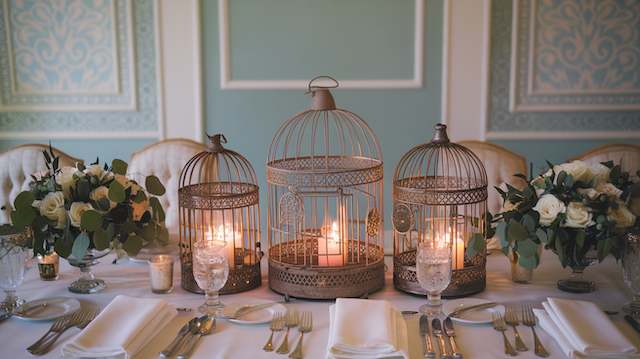 Vintage birdcage centerpieces with glowing candles on an elegant wedding table, styled with white florals and greenery for a rustic look. Candle-Filled Birdcages