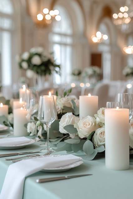 Candlelit Ambiance Grand ballroom with crystal chandelier centerpieces and lush pink floral arrangements on tables, creating an opulent atmosphere.