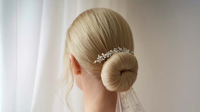 Classic Chignons for Timeless Elegance Elegant blonde low chignon styled smoothly with a jeweled hairpiece, shown from the back with soft tendrils and a sheer veil.