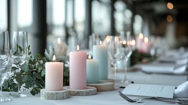 Color-Coordinated Candles Pastel pink and blue pillar candles on wood slices surrounded by eucalyptus greenery on an elegant rustic wedding table with glassware.