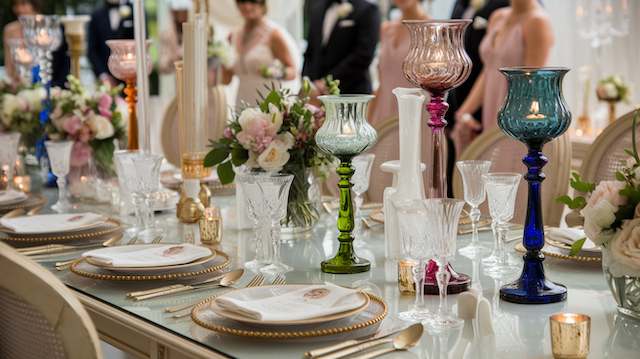 Colored Glass Candle Holders Elegant wedding table with colorful glass candle holders, pastel florals, gold-rimmed plates, and crystal glassware creating a refined look.
