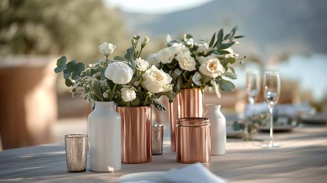 Copper Accents Copper vases filled with white roses and eucalyptus on a rustic wedding table, styled with candles and glassware against a soft outdoor backdrop.