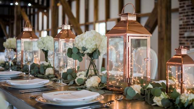 Copper Lanterns with Eucalyptus Copper lantern wedding centerpiece with eucalyptus and white hydrangeas on a rustic table, glowing with warm fairy lights in a barn setting.