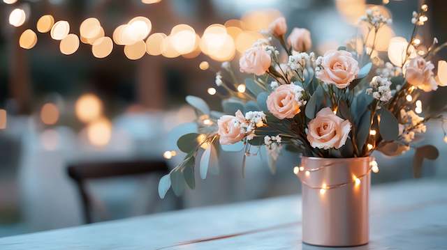 Copper Wire String Lights Blush rose centerpiece wrapped in copper wire string lights on an outdoor wedding table with warm bokeh lights glowing in the background.