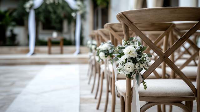 Cross-Back Chairs Close-up of wooden cross-back chairs adorned with floral arrangements, set up in an elegant outdoor wedding venue with a white aisle.
