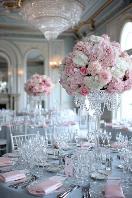 Crystal Chandelier Centerpieces Grand ballroom with crystal chandelier centerpieces and lush pink floral arrangements on tables, creating an opulent atmosphere.