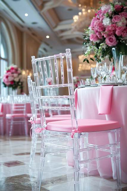 Crystal Chiavari Chairs Clear Chiavari chairs with pink seat cushions surround tables decorated with lush pink floral arrangements in an elegant venue.