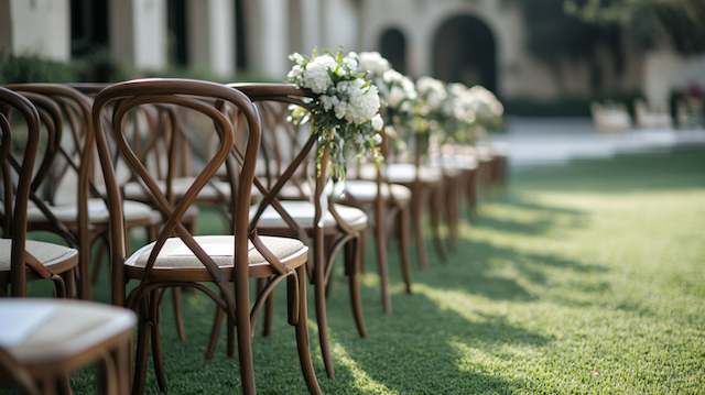 Curved Wooden Chairs Rows of curved wooden chairs arranged on grass, adorned with white floral decorations on the aisle side, in an elegant outdoor wedding setting.