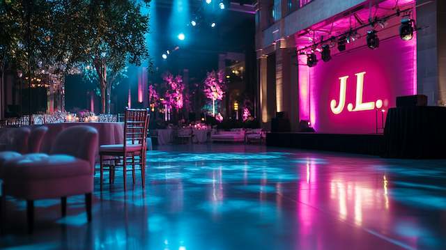Custom Monogram Lighting Dimly lit venue with custom monogram lighting on a wall, featuring pink and blue hues, elegant seating, and a dance floor.