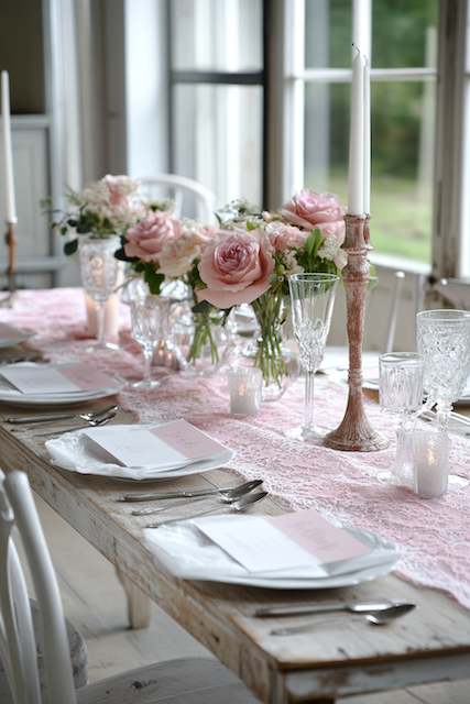 Decorative Table Runners A rustic table setup with pink roses and lace runner, featuring tall candlesticks and elegant glassware, creating a romantic ambiance.