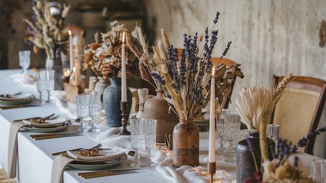 Dried Flowers in Vintage Vases Rustic wedding table styled with vintage vases filled with dried flowers, candles, and neutral table settings creating a warm, organic look.