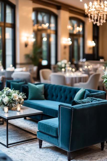Elegant Lounge Areas Elegant reception lounge with teal tufted sofas, lush greenery, table with small flowers in a glamorous room featuring chandeliers.