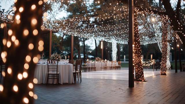 Fairy Light Canopy Outdoor wedding setup with a fairy light canopy strung between trees, illuminating dinner tables and a dance floor with a warm romantic glow.