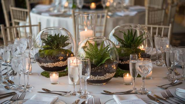 Fern and Moss Terrariums Glass terrarium centerpieces filled with ferns, moss, pebbles, and candles on an elegant rustic wedding table with crystal glassware.