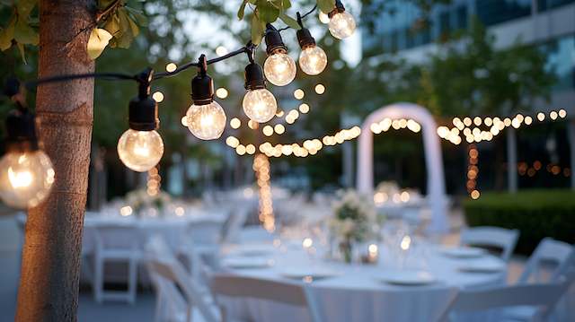Festoon Lights Warm festoon string lights hanging from trees above outdoor wedding tables with white chairs and a softly lit arch in the background.