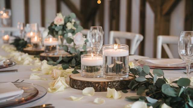 Floating Candles in Clear Bowls or Cylinders Floating candles in clear glass cylinders on wood slices with rose petals and eucalyptus greenery creating an elegant rustic wedding tablescape.