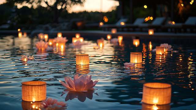 Floating Pool Lanterns Floating lanterns and lotus candles glowing across a pool at sunset, creating a dreamy romantic lighting effect for an outdoor wedding.