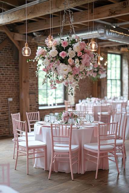 Floral Ceiling Installations Grand ballroom with crystal chandelier centerpieces and lush pink floral arrangements on tables, creating an opulent atmosphere.