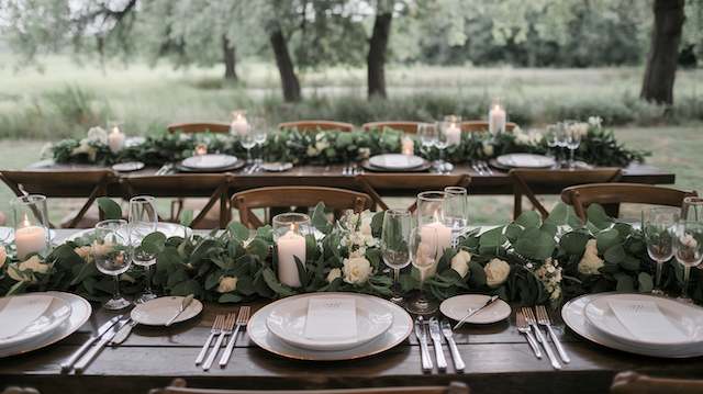 Floral Garlands Outdoor wedding table decorated with lush eucalyptus and white rose garlands, candles, and elegant place settings overlooking a green landscape.