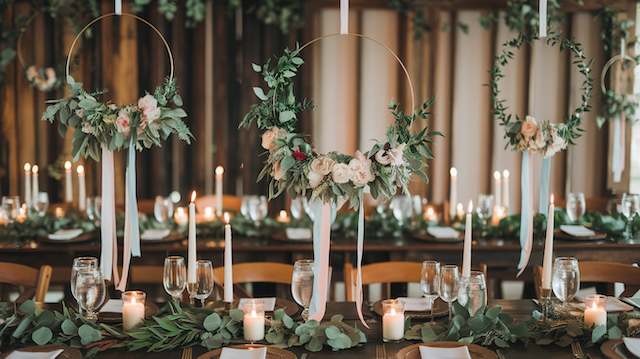 Floral Hoops Hanging floral hoops with greenery, roses, and ribbons above a rustic wedding table decorated with candles, eucalyptus, and elegant place settings.