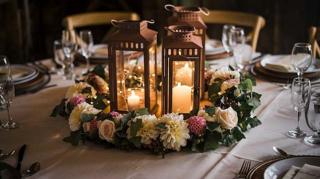Floral Rings Around Lanterns Rustic wedding table with glowing lanterns surrounded by a floral ring of roses, dahlias, and greenery creating a warm, romantic centerpiece.