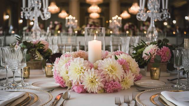 Floral Rings with Candles Floral ring centerpiece with pink and white dahlias surrounding a tall pillar candle on an elegant wedding table with crystal glassware.