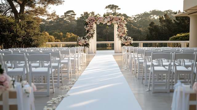 Folding Chairs Outdoor wedding setup with white folding chairs arranged along a white aisle toward a floral arch, with trees in the background.