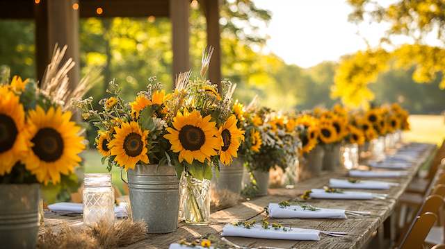 Galvanized Metal Buckets Rustic outdoor wedding table lined with galvanized metal buckets filled with sunflowers and wildflowers, glowing in warm golden-hour light.