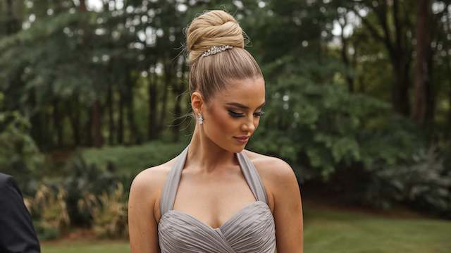 Glamorous Top Knot Bridesmaid with a sleek glamorous top knot wearing a gray halter dress, posing outdoors with greenery behind her and a jeweled hairband accent.