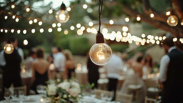 Globe String Lights Outdoor wedding reception with warm globe string lights hanging above dinner tables, creating a cozy, romantic glow at sunset.