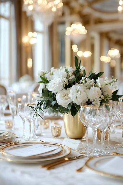Gold Accents Elegant table setting with a gold vase holding white flowers, surrounded by glassware, in a luxurious room with chandeliers.