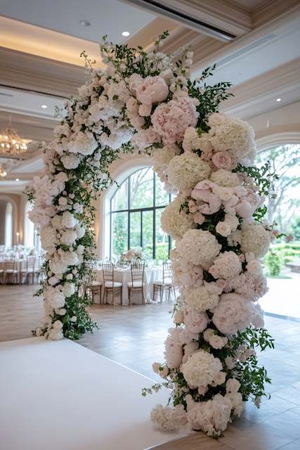 Grand Entrance Arch Lavish floral arch composed of white and blush blooms with greenery, set in an elegant ballroom featuring large windows and chandeliers.