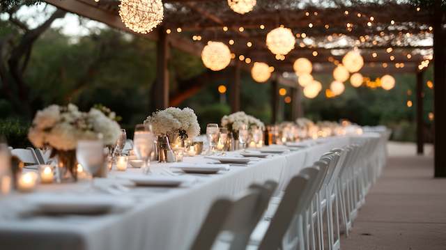 Grapevine Ball Lights Glowing grapevine ball lights hanging above a long outdoor wedding table set with white florals, candles, and elegant place settings at dusk.