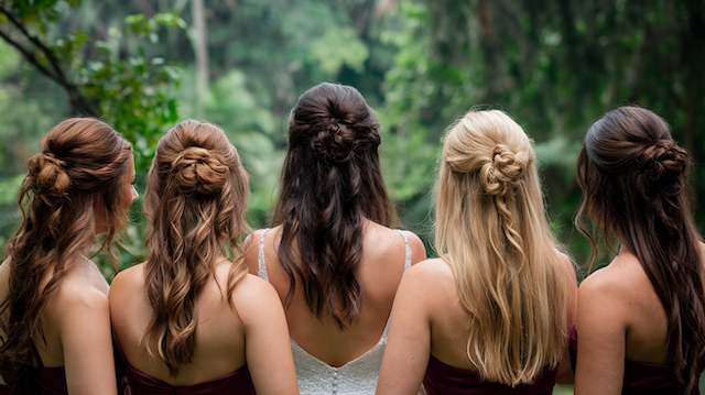 Half-Up Bun Five bridesmaids wearing half up bun hairstyles with loose waves, shown from behind outdoors with lush greenery in the background.