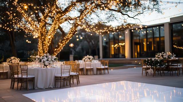 Hanging Branch Lights Outdoor wedding reception under a large tree wrapped in warm string lights with round tables, white florals, and a glossy white dance floor at dusk.