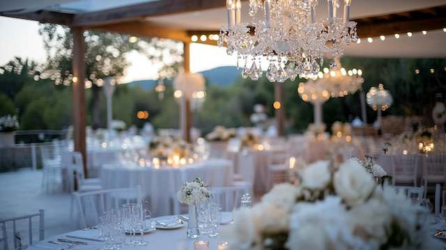 Hanging Crystal Chandelier Outdoor wedding reception with elegant hanging crystal chandeliers above round tables decorated with white florals and candlelit centerpieces.
