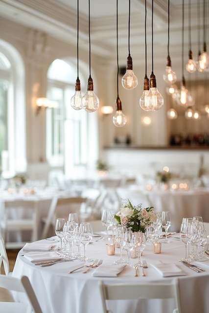 Hanging Edison Bulb Installations Elegant dining setup with round tables featuring white linens and delicate floral centerpieces, under exposed Edison bulbs in an airy venue.