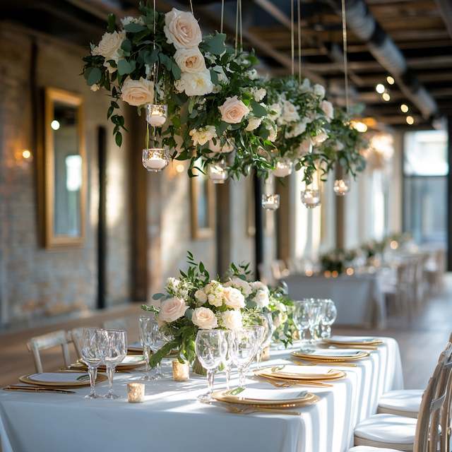 Hanging Floral Chandeliers Hanging floral chandeliers with roses and greenery above an elegant wedding table set with gold-rimmed plates, candles, and crystal glassware.